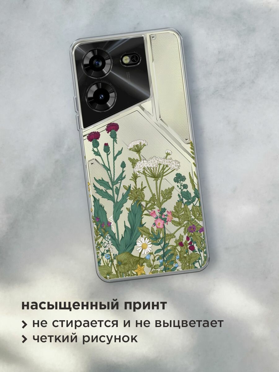 Чехол на Tecno Pova 5 / Техно Пова 5 с принтом "Дикие полевые цветы", прозрачный — фото 1