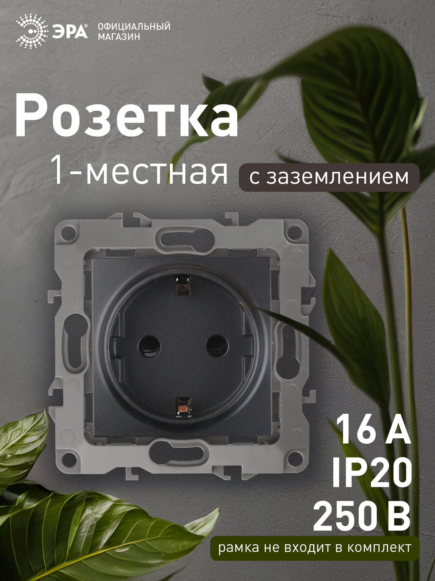 Розетка с заземлением ЭРА 12 2101-05 2P+E Schuko 16A 250В черный