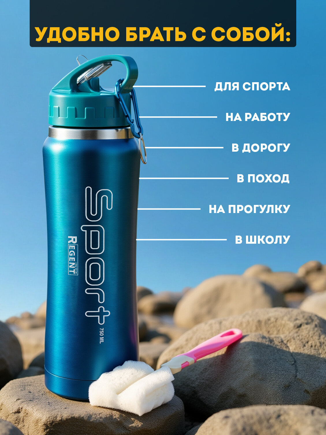 Бутылка для воды спортивная, для горячих и и холодных напитков, термос, нержавеющая сталь Regent inox — фото 1
