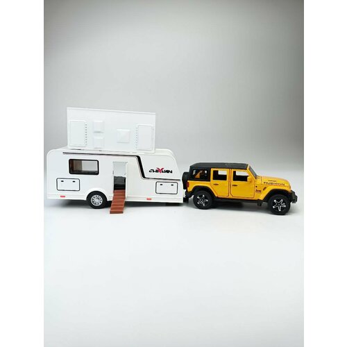 Модель автомобиля Джип Рубикон с трейлером коллекционная металлическая игрушка желтый