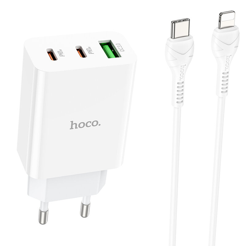 Сетевое зарядное устройство HOCO C99A 2xUSB + 1xUSB Type-C с кабелем Type-C - Lightning, 3.0A, 20W, белый