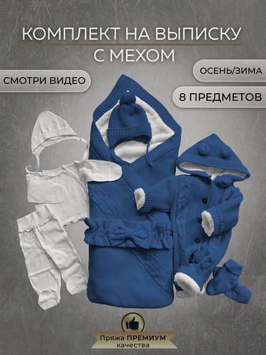 Изображение товара Конверт для новорожденных на выписку теплый вязаный 8 предметов в роддом синий