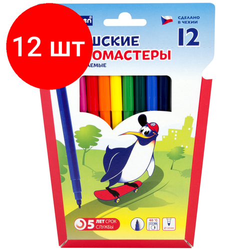 Комплект 12 шт, Фломастеры Centropen Пингвины, 12цв, смываемые, картон, европодвес