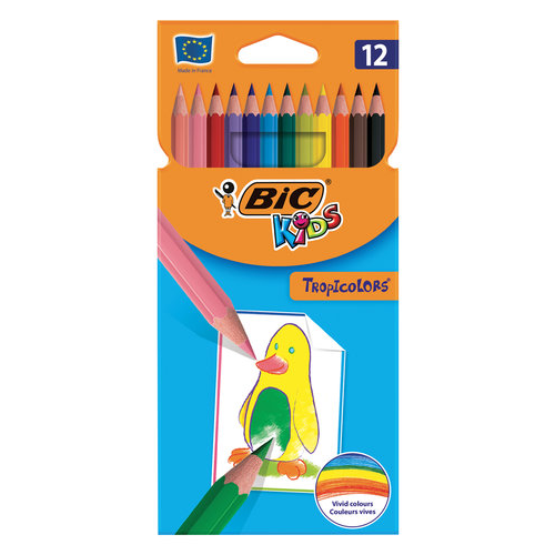 Карандаши цветные BIC Tropicolors, 12 цветов, пластиковые, заточенные, европодвес, 8325666, 4 упаковки комплект 12 шт карандаши цветные bic tropicolors 12 цветов пластиковые заточенные европодвес 8325666