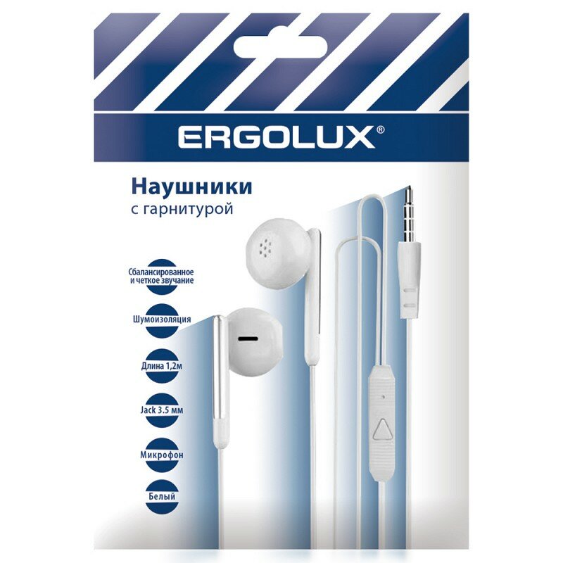 ERGOLUX ELX-WHP01P-C01 промо (Наушники вкладыши с микрофоном проводные 3.5мм 12м Белые Пакет) цена за 1 шт.