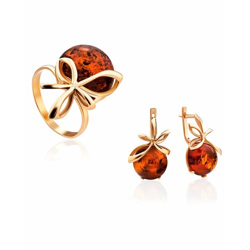 фото Комплект бижутерии: кольцо, серьги, янтарь, коричневый amberhandmade