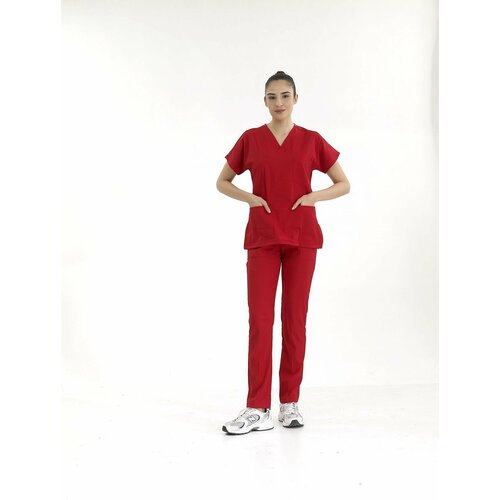 Медицинский костюм женский стрейч красный, до больших размеров, Сizgimedikal Uniforma, Турция