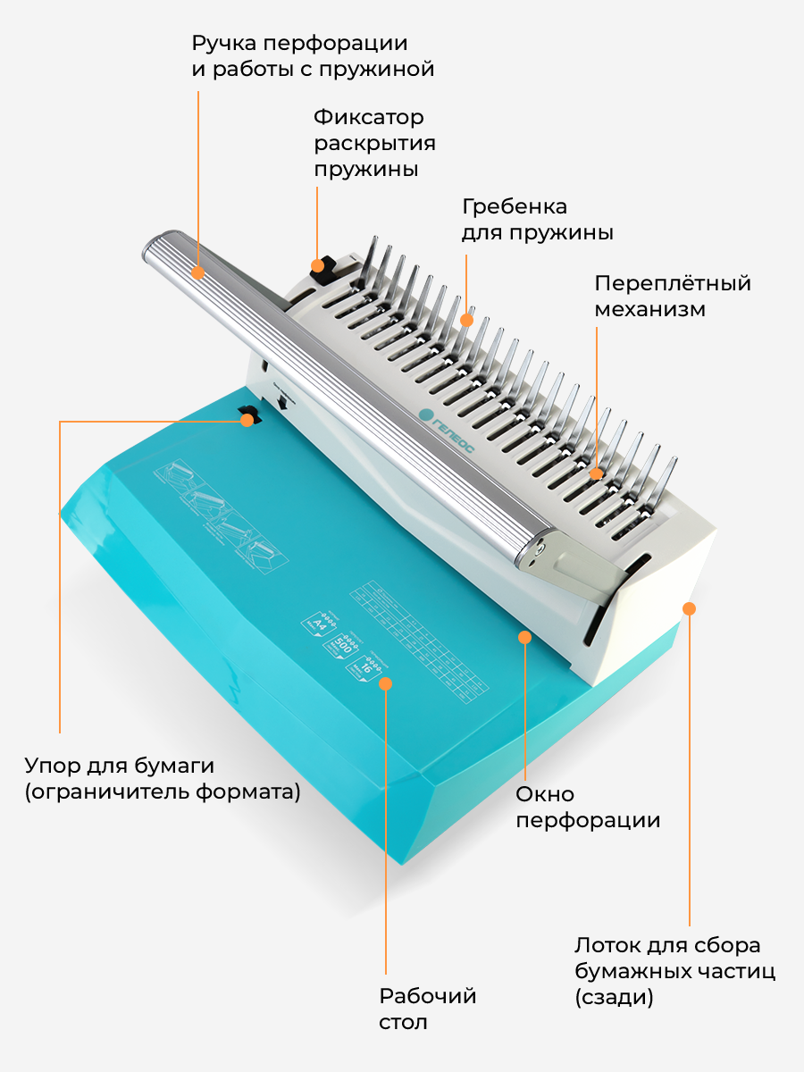 Брошюровщик ГЕЛЕОС бирюзово-белый на пластиковую пружину, А4, ручная перфорация 16 листов, переплет макс до 500 л., глубина перфорации 2-3-4-5 м - фото №2