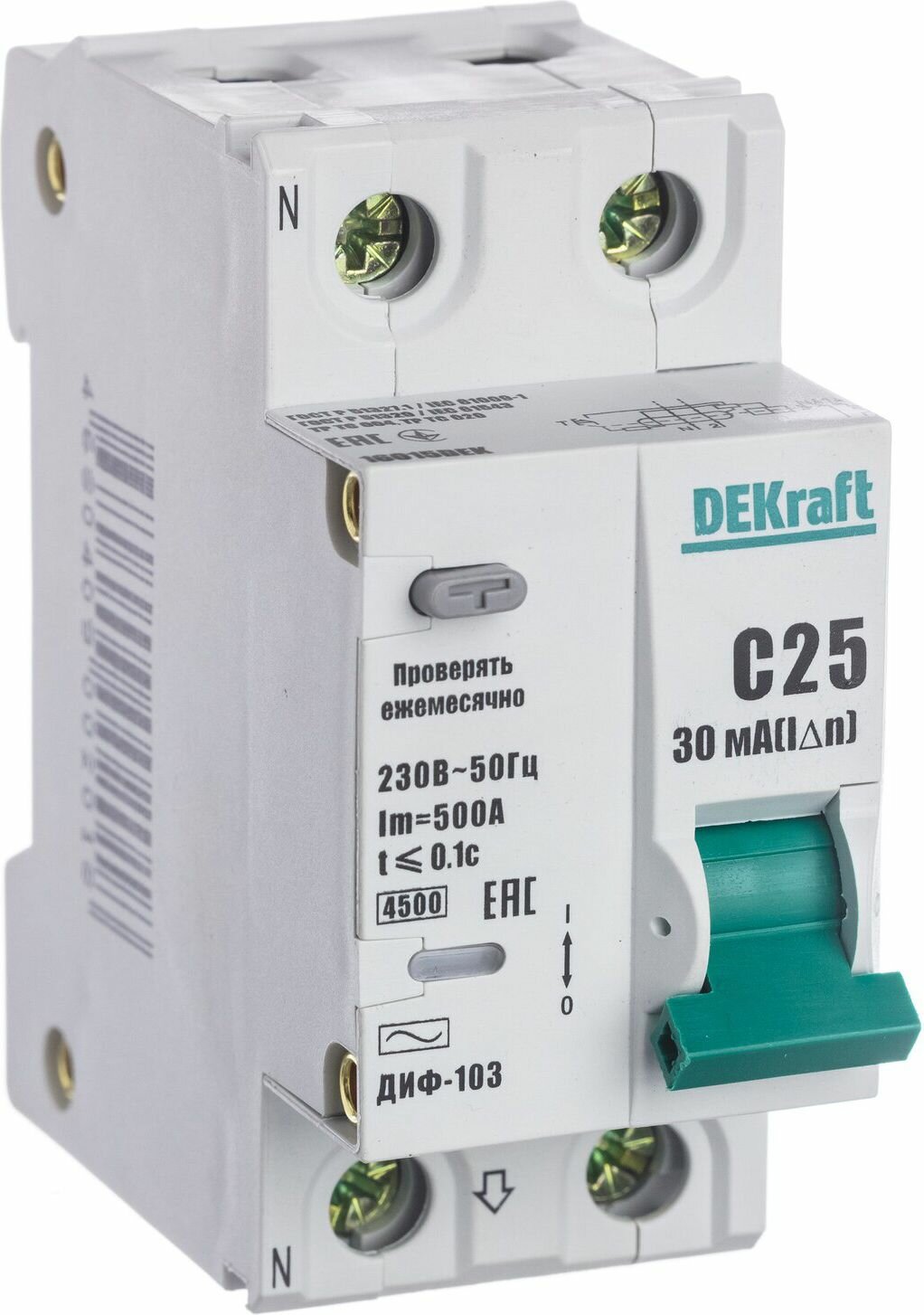 Авто-выключатель дифференциального тока DEKRAFT ДИФ-103 1P+N C25 А 30 мА 4,5 кА