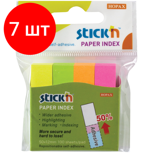 Комплект 7 шт, Закладки клейкие HOPAX неоновые, бумажные, 12х50 мм, 4 цвета х 100 листов, европодвес, 21613