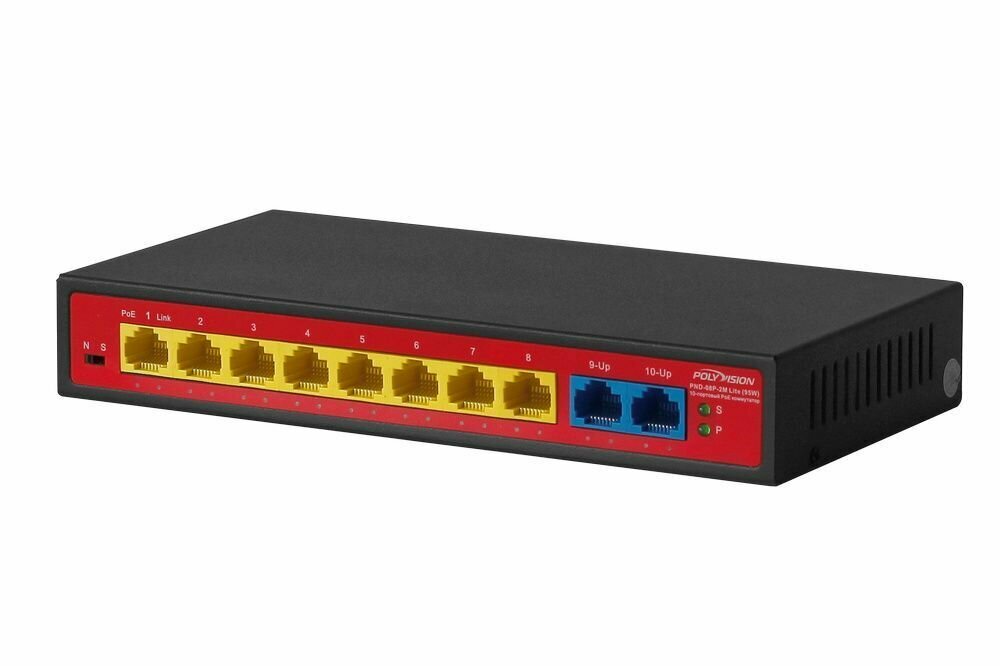 10-портовый неуправляемый коммутатор с функцией PoE PND-08P-2M Lite (95W)