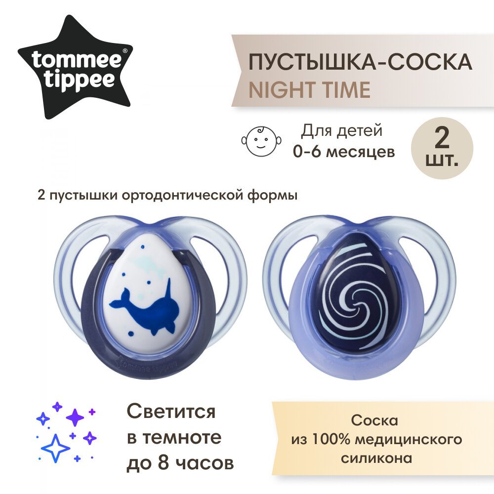 Соска-пустышка Tommee Tippee силиконовая ночная Night Time, 0-6 мес, 2 шт, белый/фиолетовый