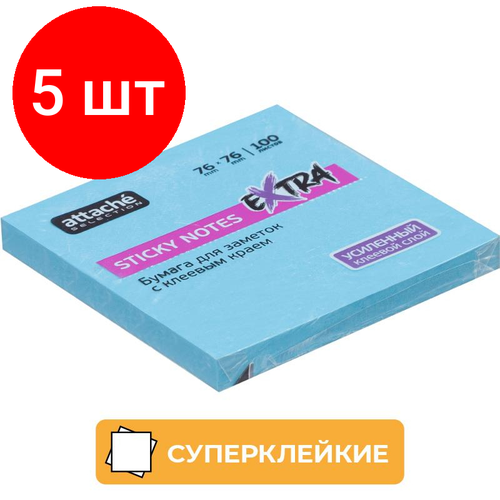 Комплект 5 штук, Стикеры Attache Selection Extra с клеев. краем 76х76, неон, голубой 100л attache стикеры 76х76 мм 100 листов 70 г кв м неоновый голубой 70 г м² 1 шт 100 листов