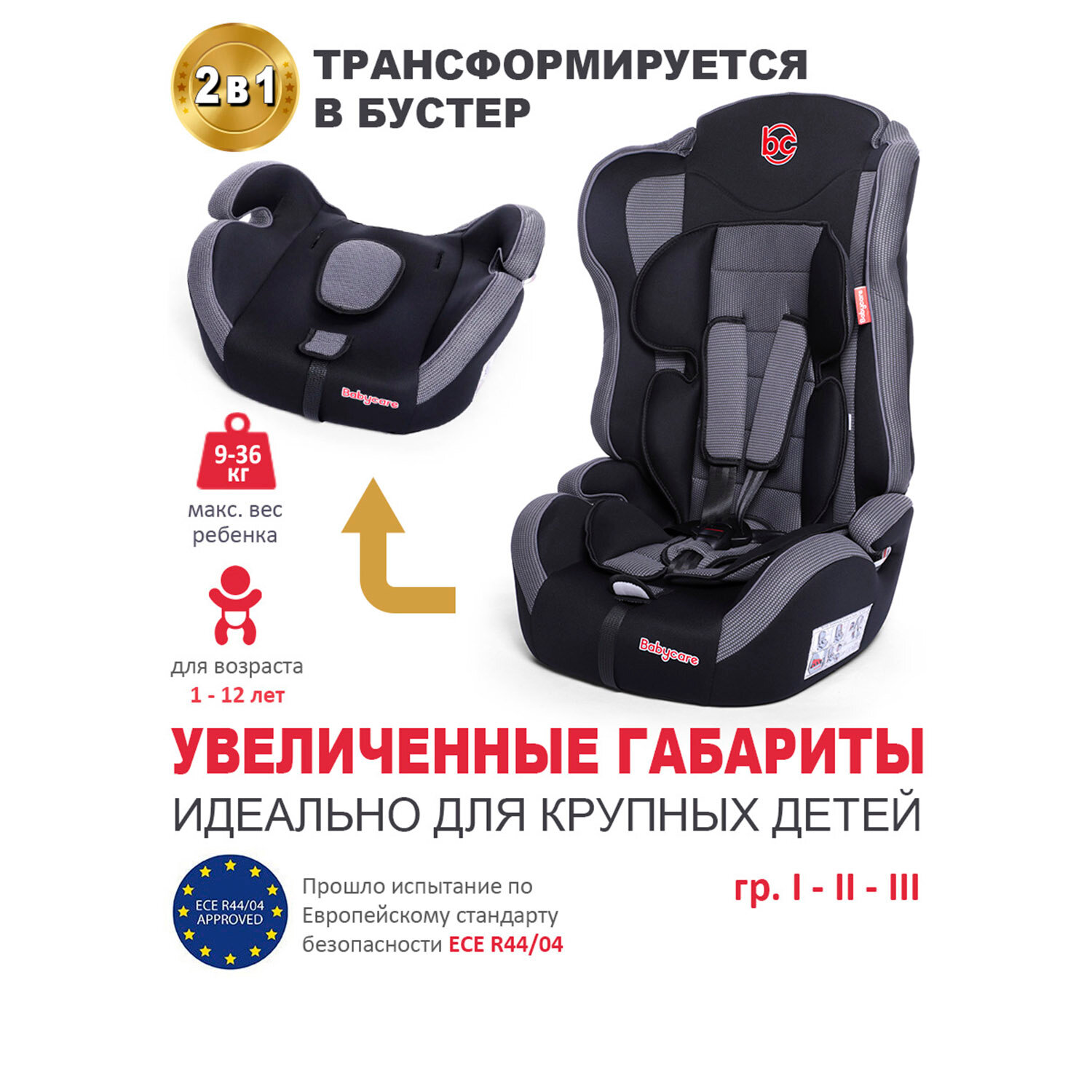 Baby Care Детское автомобильное кресло Upiter Plus гр I/II/III, 9-36кг, (1-12лет) Черный/Серый (Black/Grey)