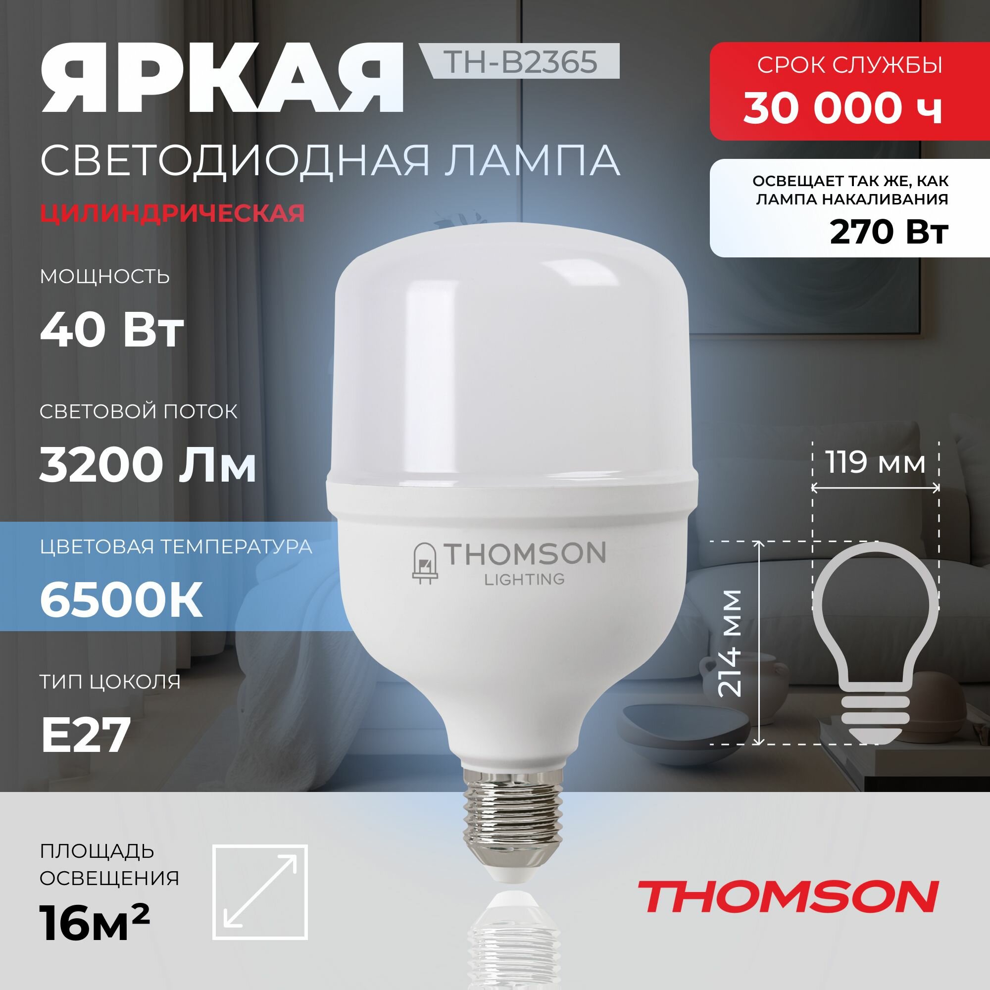 Лампочка Thomson TH-B2365 40 Вт, E27, 6500K, цилиндр, T120, холодный белый свет