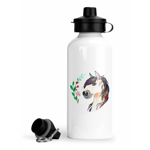 фото Спортивная бутылка для воды лошадка с зелёной веточкой luzimuzi