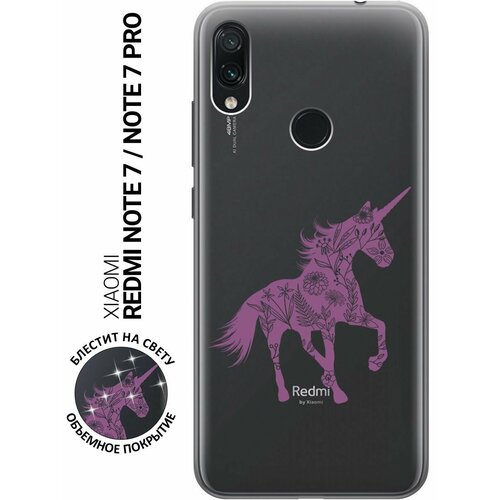 Силиконовый чехол на Xiaomi Redmi Note 7, Note 7 Pro, Сяоми Редми Ноут 7, Ноут 7 Про с 3D принтом Floral Unicorn прозрачный матовый чехол unicorn для xiaomi redmi 7 сяоми редми 7 с 3d эффектом бирюзовый