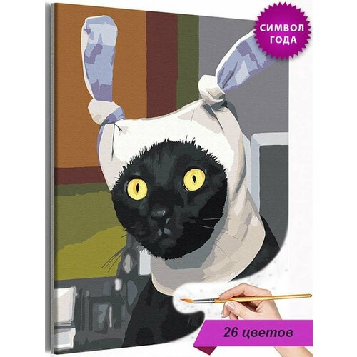 Черный кот кролик Мем Смешная Кошка Животные Заяц Символ года Новый год Раскраска картина по номерам на холсте 40х50