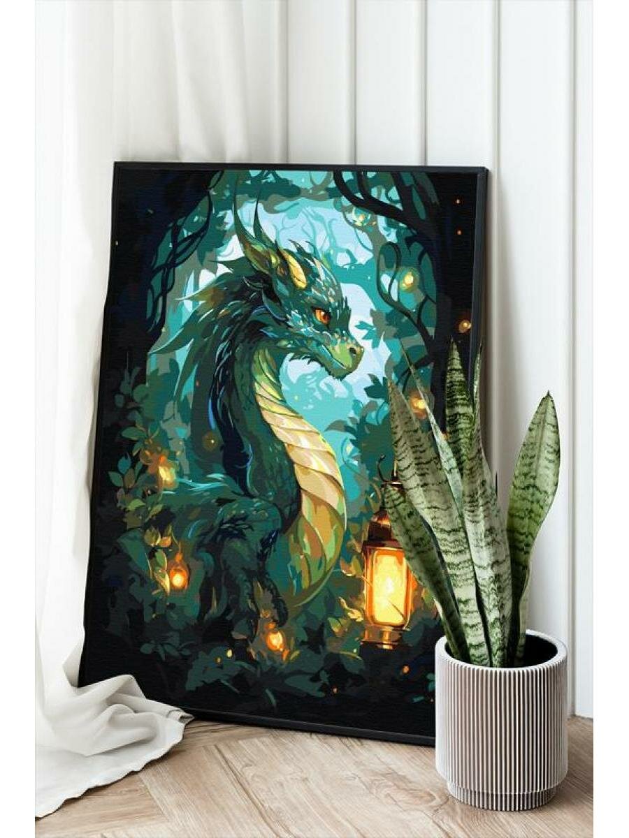 Зеленый дракон в сказочном лесу Животные Символ года Новый год Аниме Фэнтези Раскраска картина по номерам на холсте 40х50
