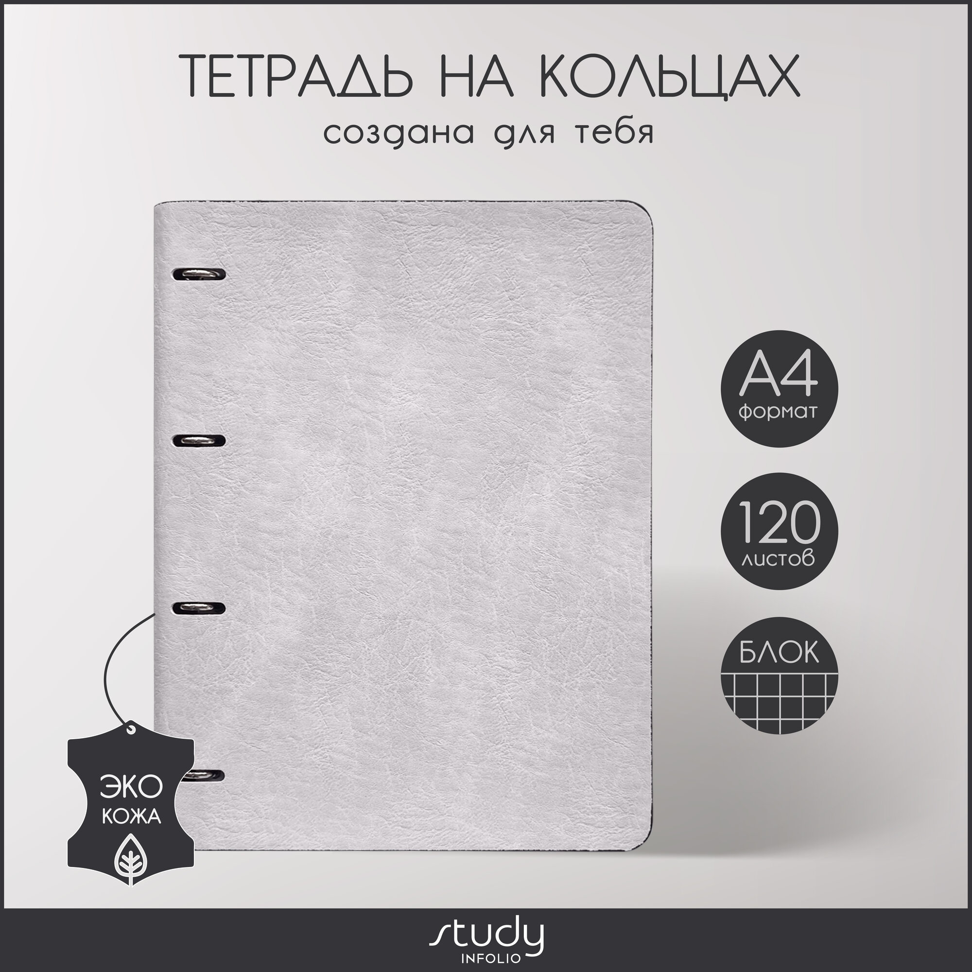 Тетрадь с кольцевым механизмом Turtle, серый, 120 листов, А4, клетка InFolio - фото №1
