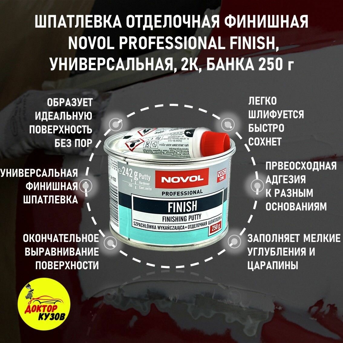 Шпатлевка финишная автомобильная 250 г Novol FINISH Professional Finishing Putty белая + отвердитель, 1120 / Автошпатлевка финишная