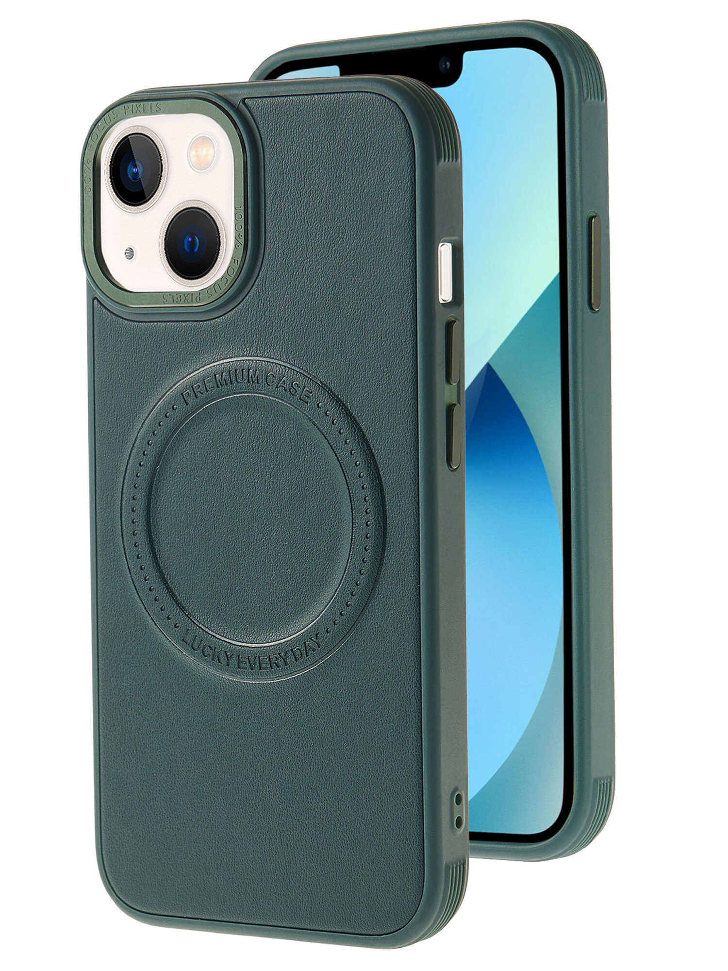 Чехол Magsafe на iPhone 15 противоударный на айфон 15 темно-зеленый под кожу