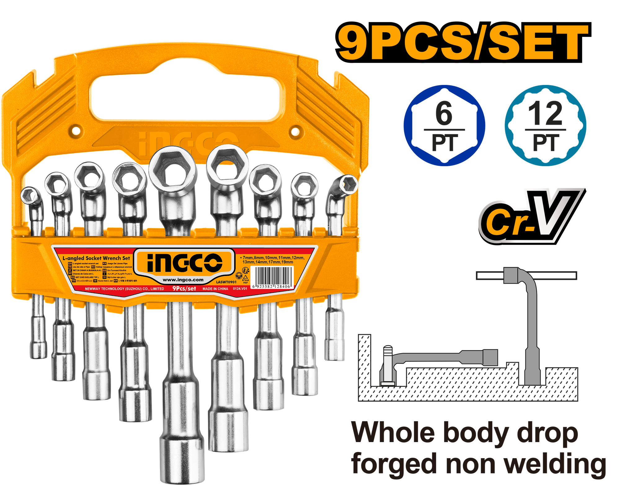 Набор Г-образных торцевых ключей INGCO LASWT0901 INDUSTRIAL 7-19 мм 9 шт.