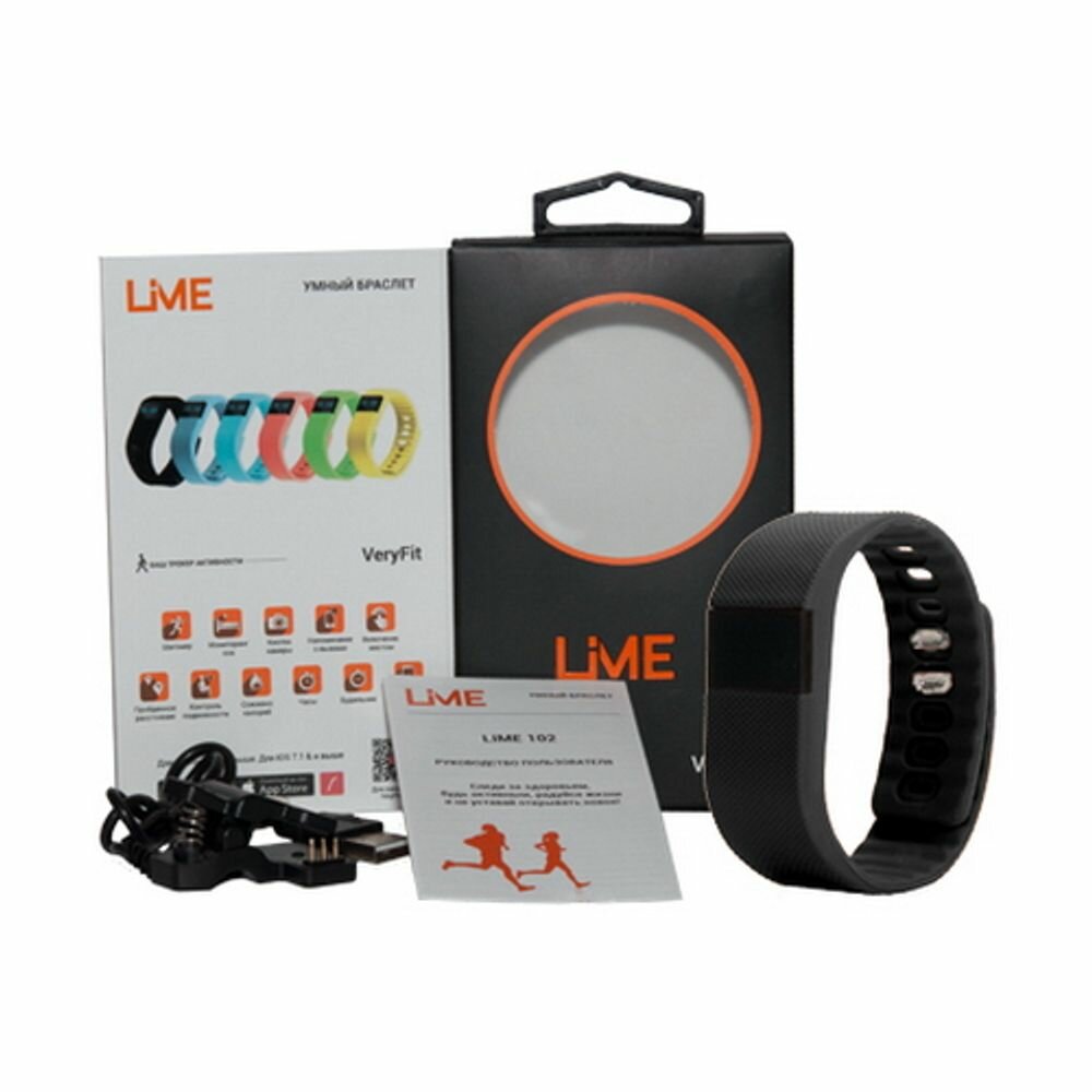 Lime 102 black Шагомер, Подсчет калорий, Часы, Будильник, Черный ремешок (550113.