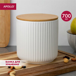 Банка для хранения сыпучих продуктов керамическая с деревянной бамбуковой крышкой объём 0,7 л, контейнер для крупы APOLLO "Ribb"