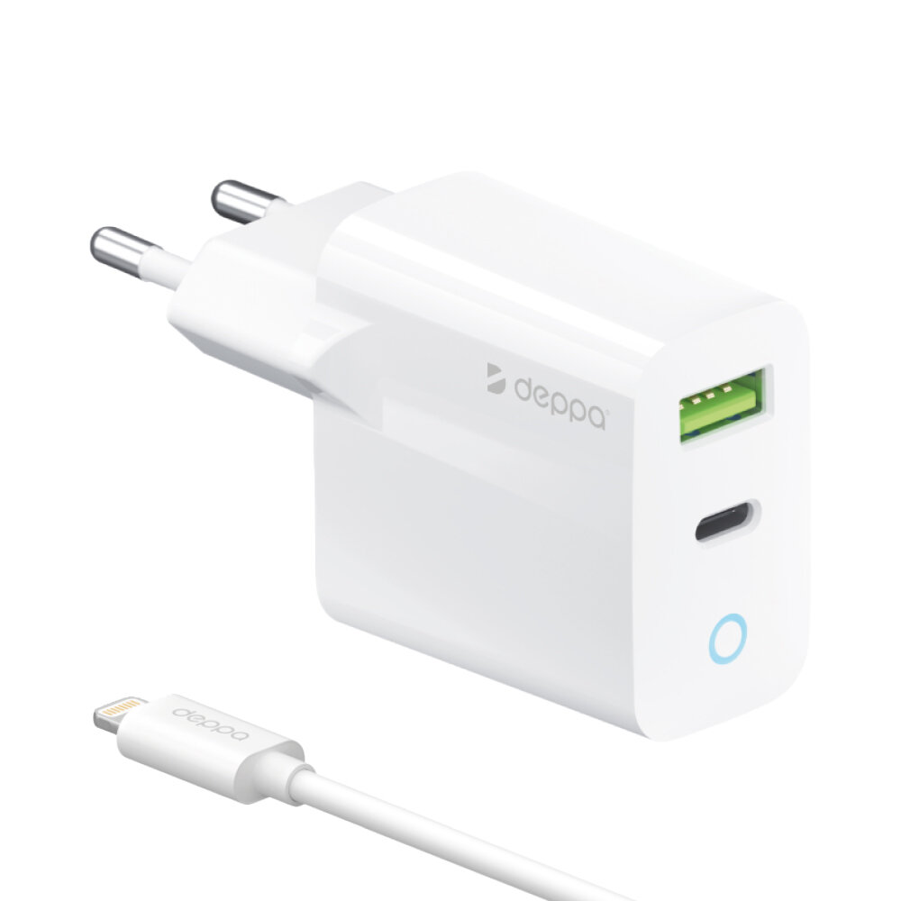 СЗУ USB-C + USB A, PD 3.0, QC 3.0, 20W, дата-кабель USB-C - Lightning (MFI), 1.2м, белый, Deppa 11396