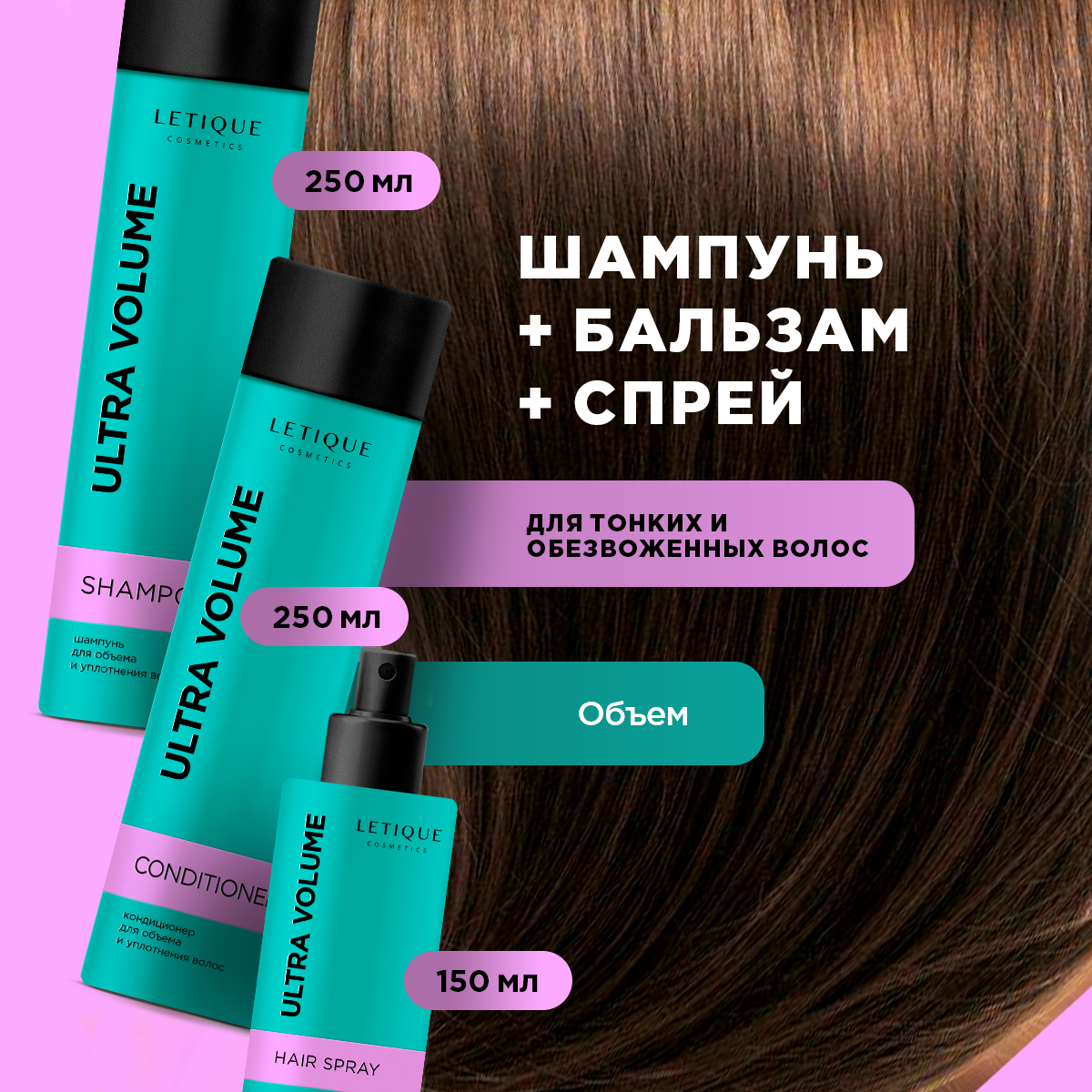 Набор для волос ULTRA VOLUME PACK Letique Cosmetics, шампунь 250 мл + кондиционер 250 мл + спрей 150 мл