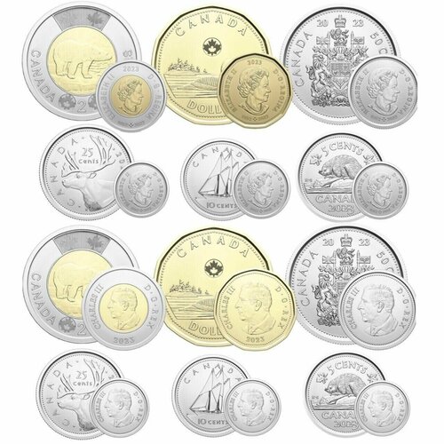 Канада 2023 набор монет 12 монет 5/10/25/50 центов 1 и 2 доллара UNC Елизавета II и Карл III