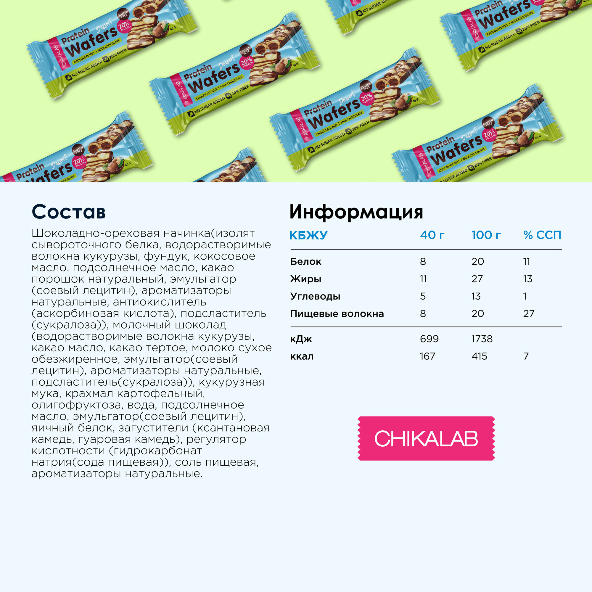 Protein Wafers Протеиновые батончики CHIKALAB - вафли без сахара, без глютена, 12шт х 40г — фото 1