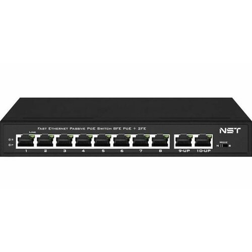 Passive PoE коммутатор Fast Ethernet на 10 портов. Порты: 8 х FE (10/100 Base-T, 52V 4,5(+) 7,8(–)) совместимы с PoE (IEEE 802.3af/at), 2 x FE (10/100