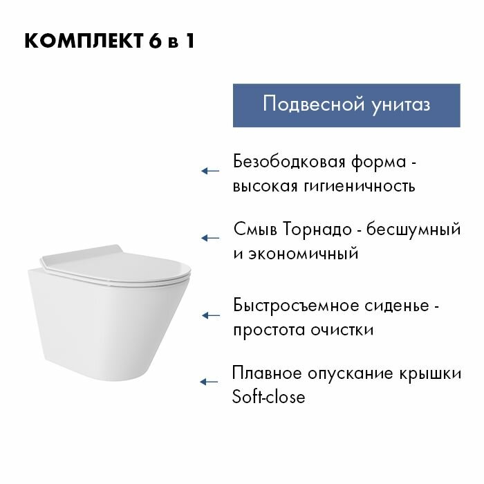 Комплект Инсталляция Grohe Rapid SL для подвесного унитаза с панелью смыва, матовый хром 38745001 + Унитаз подвесной 480*360 безободковый Vortex, сиденье Soft-Close, белый глянцевый, форма конус — фото 1