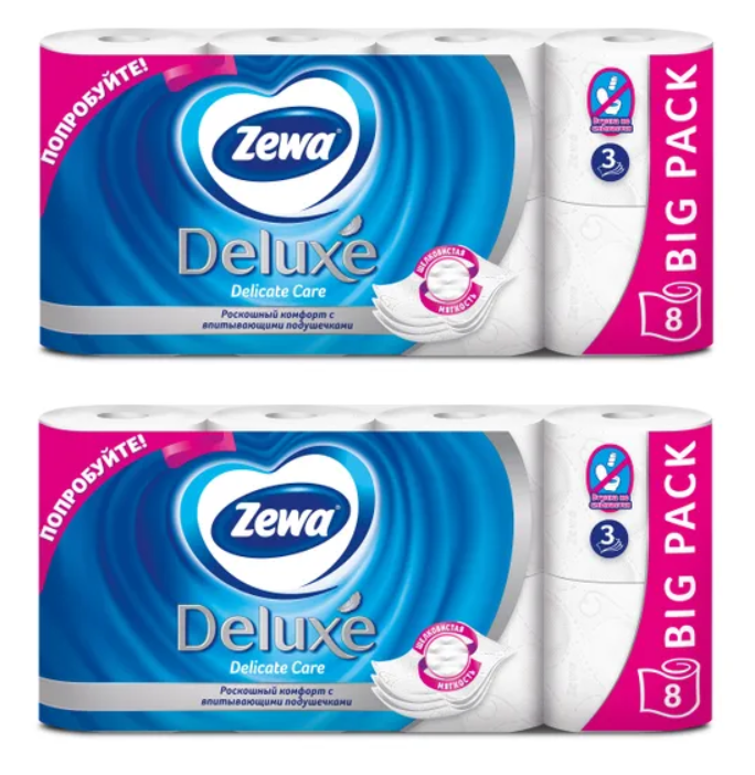 Бумага туалетная Zewa Deluxe Белая, 3 слоя, 8 рулонов, 2 уп. — фото 1