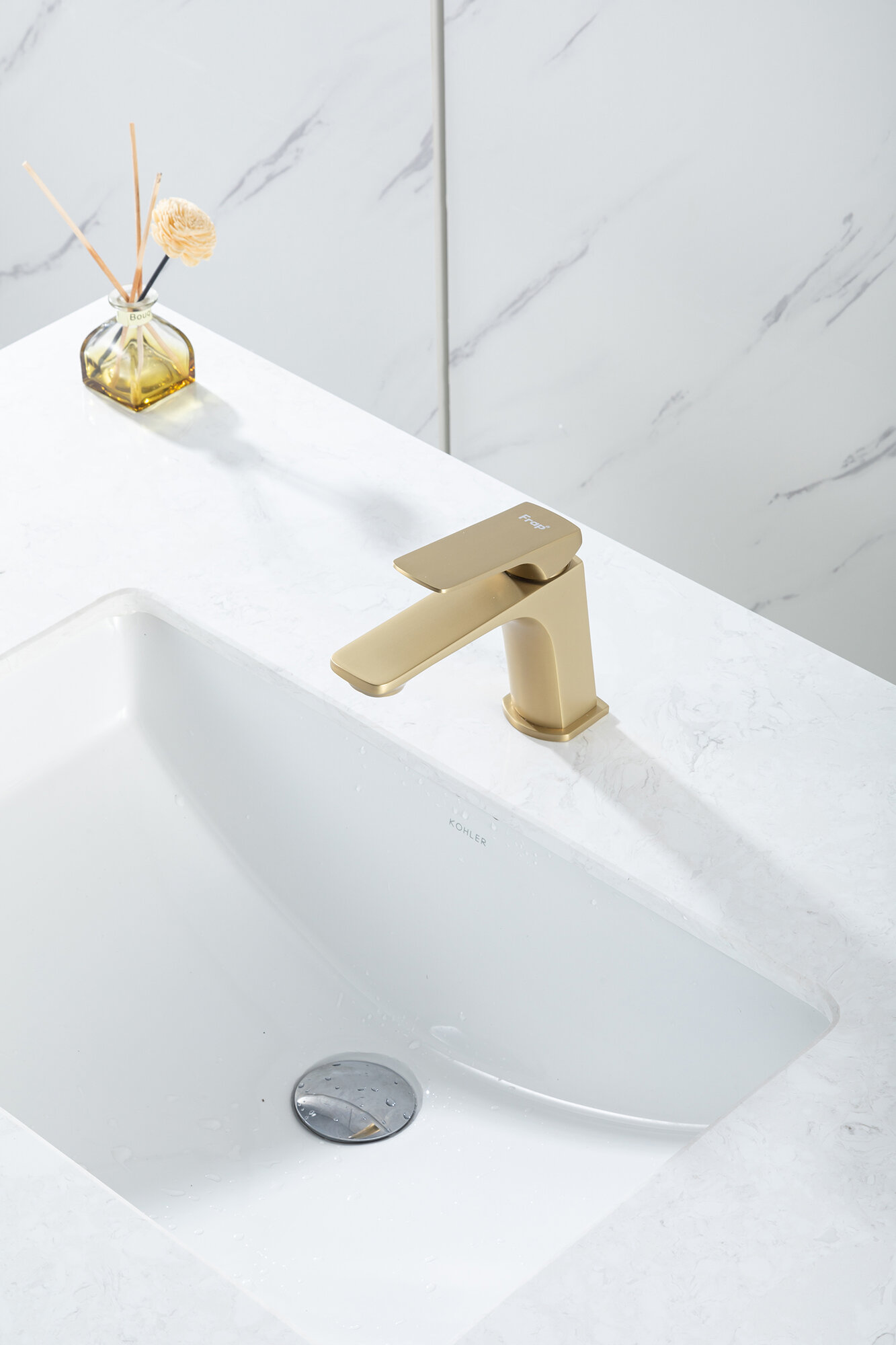 Смеситель для раковины с фиксированным изливом Frap H87 F1087-3 золотой сатин, латунь