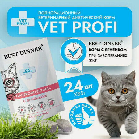 Изображение товара Best Dinner Vet Profi Gastro Intestinal 24 шт по 85 г консервированный корм для кошек кусочки в соусе с ягнёнком
