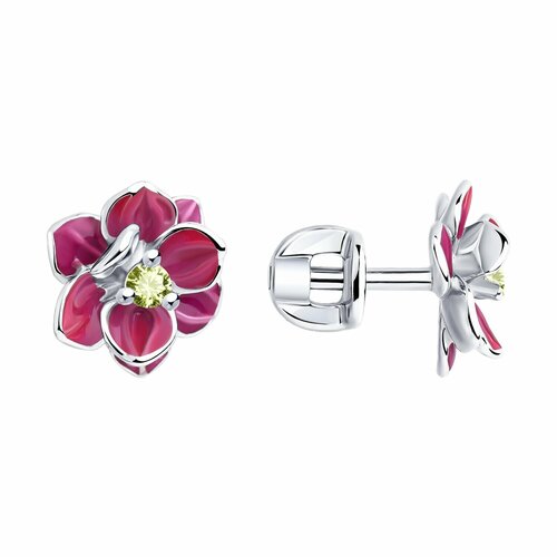 фото Серьги пусеты diamant online, серебро, 925 проба, родирование, фианит, эмаль, размер 15 мм, длина 1 см, , зеленый, розовый