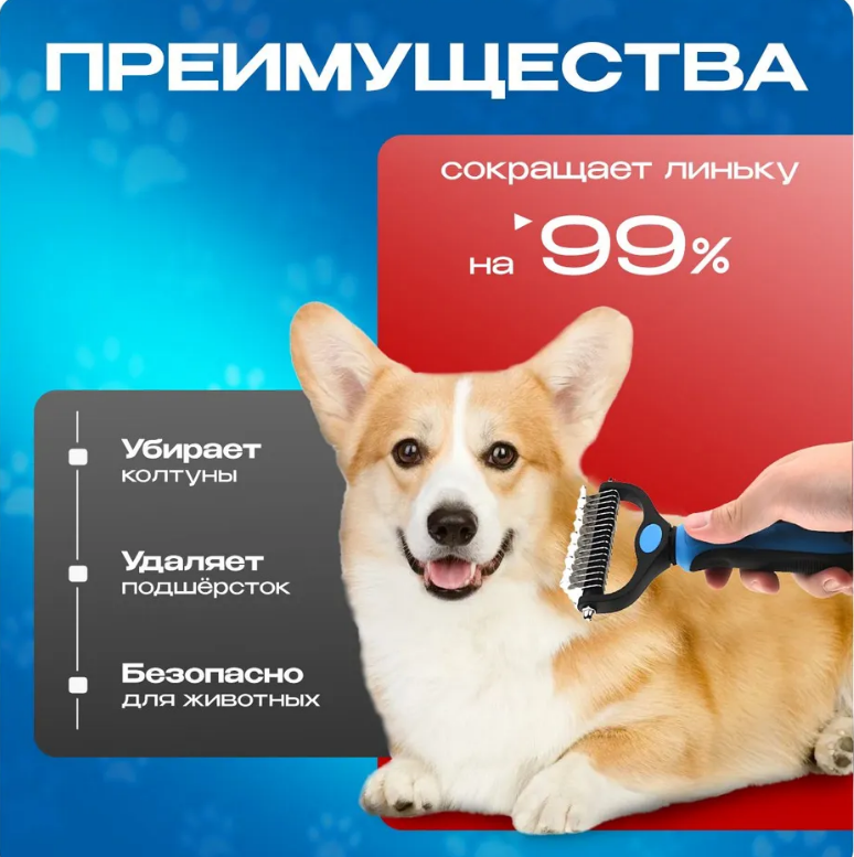 Дешеддер-колтунорез для кошек и собак, чесалка, щетка для вычесывания шерсти, синяя — фото 1
