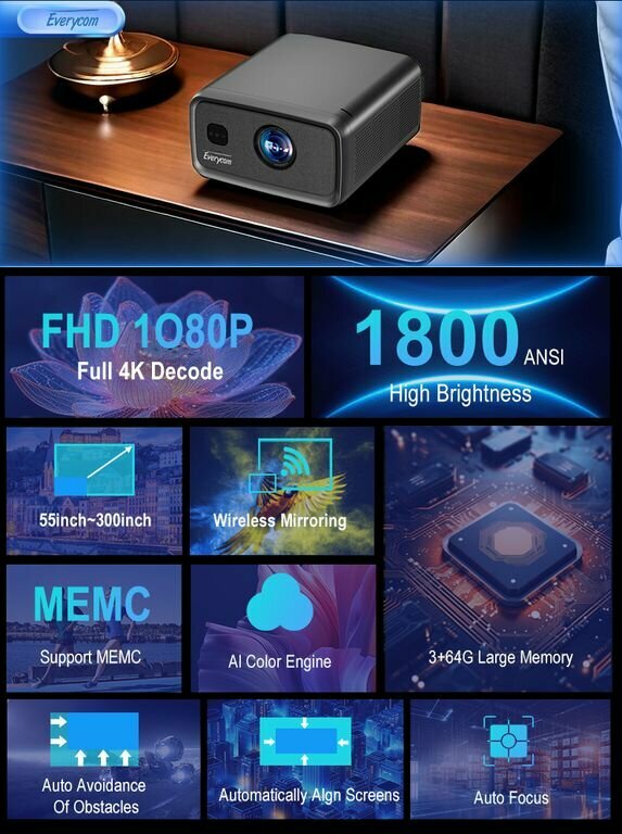 Проектор Everycom CubeLite, Full HD, Bluetooth, Wi-Fi, Android — фото 1