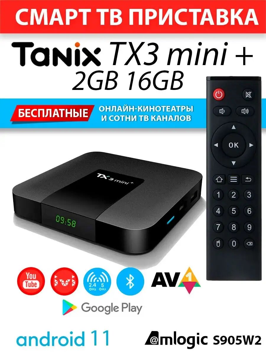 Смарт-ТВ приставка ANDROID Tanix TX3 Mini Plus, Android 11, 4-ядерный процессор, 2 ГБ/16ГБ, Wi-Fi