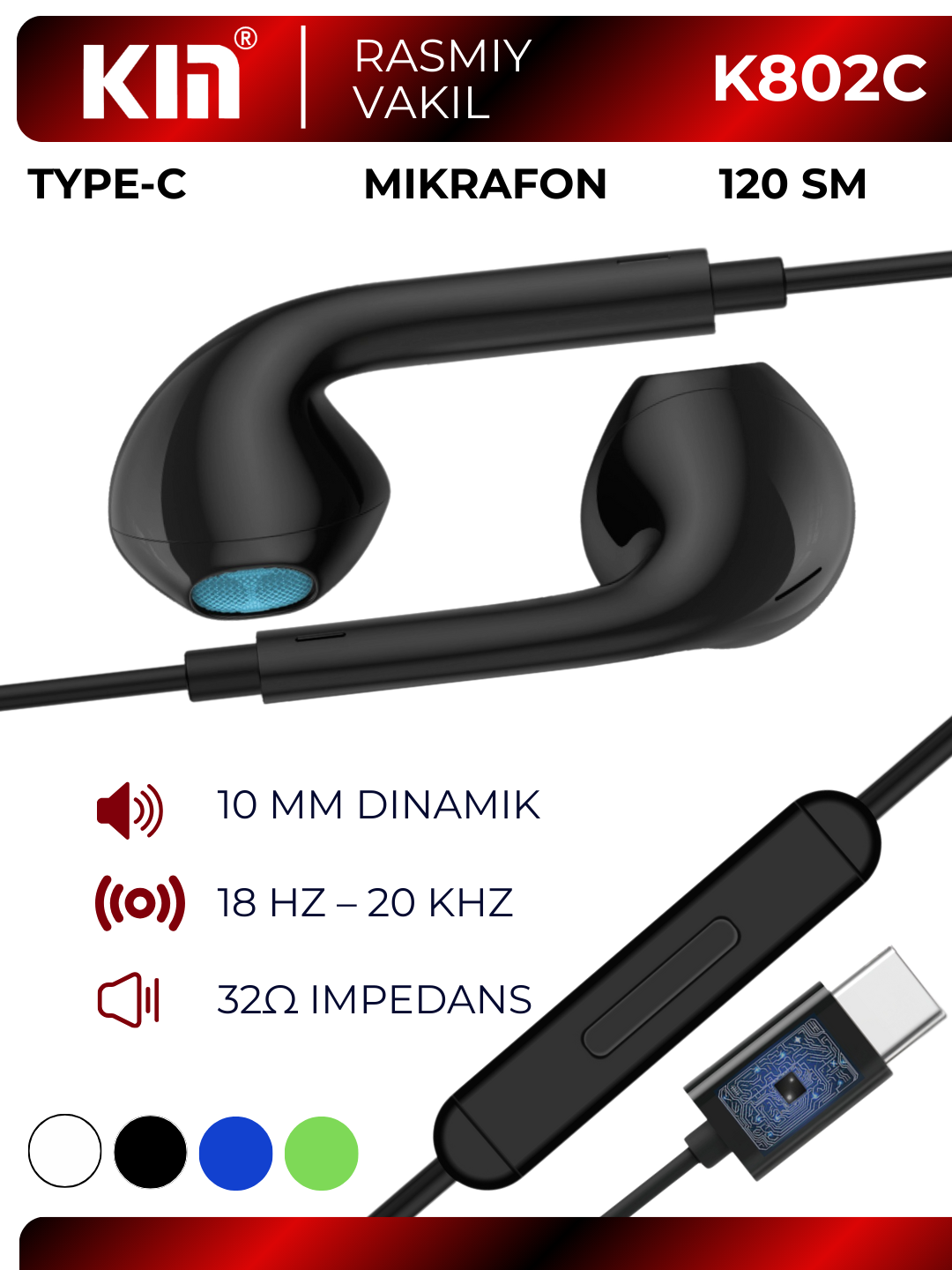 Наушники KIN K802C, с Type-C разъемом, влагозащита, 120см, черные — фото 1