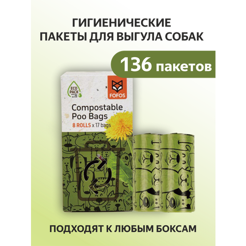 Биоразлагаемые плотные эко пакеты для уборки за собаками 8 рулонов / FOFOS Poo Bags 8 Rolls (17bags)