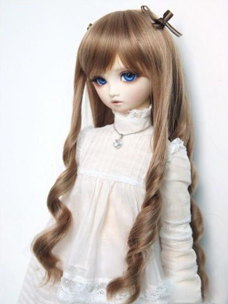 DollGa Wig LR-119_E (Парик с локонами, украшенный бантиками светло-коричневый размер 8-9 дюймов для БЖД кукол)