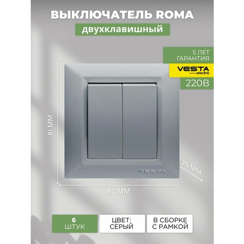 Набор Выключатель Vesta-Electric Roma Silver двухклавишный - 6 шт