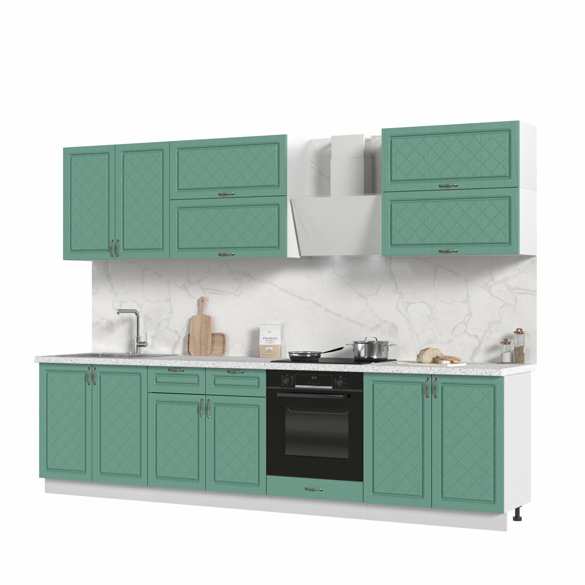 фото Кухонный гарнитур, столешница Сахара 38мм, Модена 300см Белый/Дуб Кофе