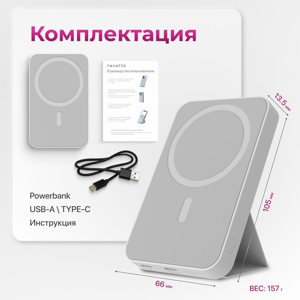 Магнитный повербанк 5000 Wireless Power Bank с быстрой беспроводной зарядкой для Айфона / iPhone 12, 13, 14, 15