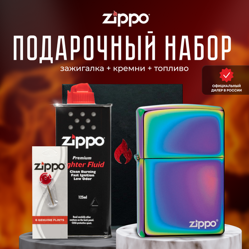 Зажигалка ZIPPO Подарочный набор ( Зажигалка бензиновая Zippo 151ZL Classic Multi Color Logo + Кремни + Топливо 125 мл ) zippo classic зажигалка бензиновая multi color zippo logo 60 мл 56 7 г