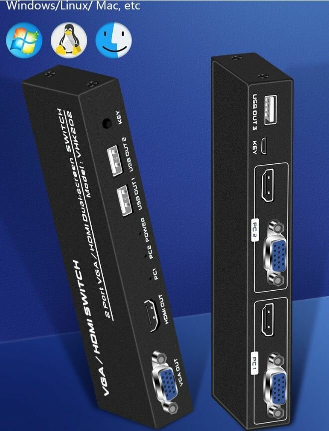 Видео HDMI и VGA KVM на HDMI c USB 2-1 коммутатор хдми КВМ 4к свитчер, 2 ПК на 1 монитор+клав.+мышь 3840*2160 30Hz